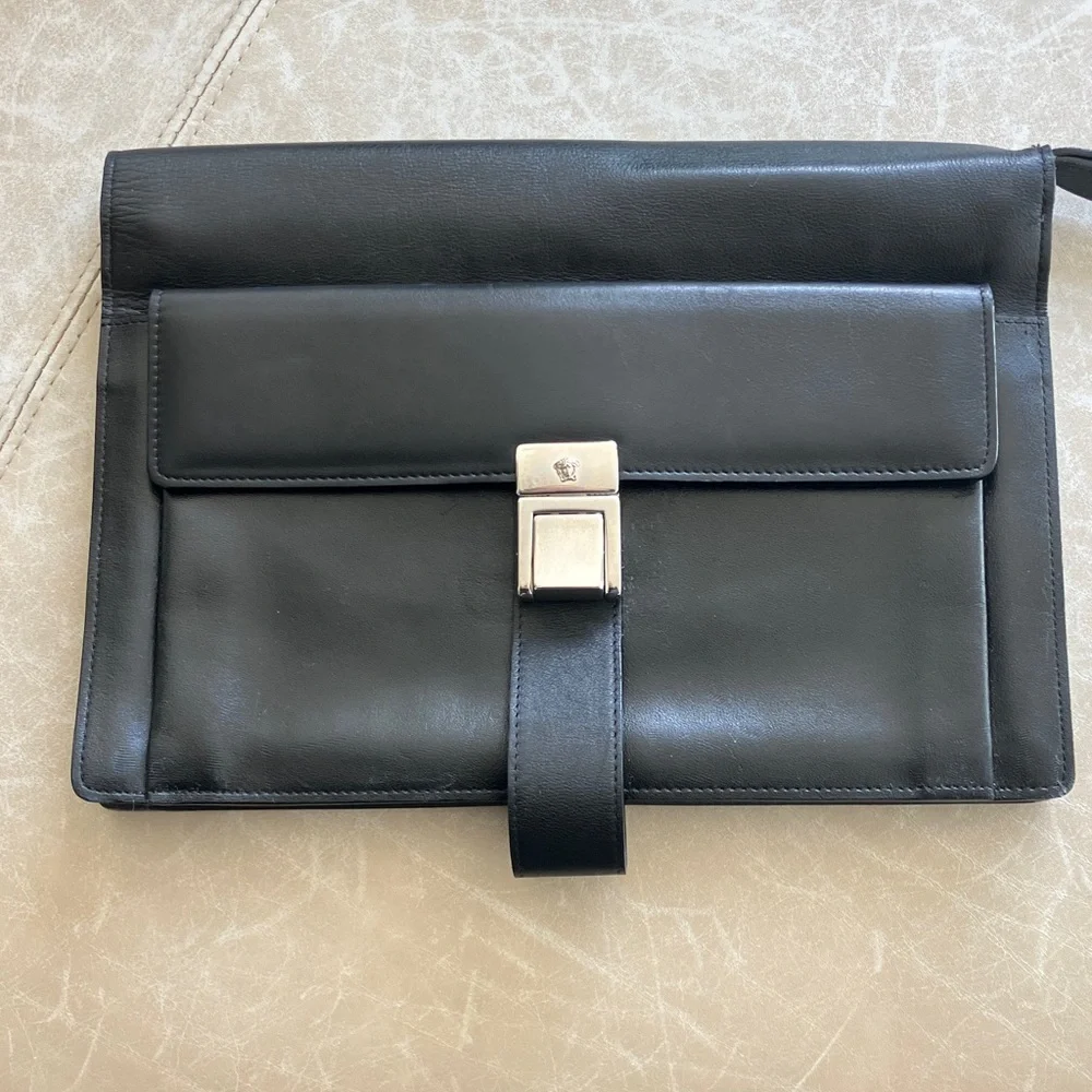VERSACE La Medusa Black Leather Small Travel Bag w/ Silver Logo Clasp GUC